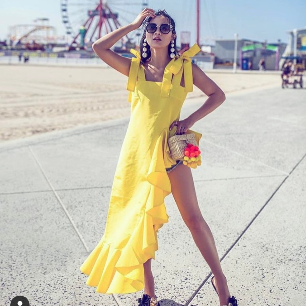 Viva Aviva Yellow Shoulder Tie Ruffle atop